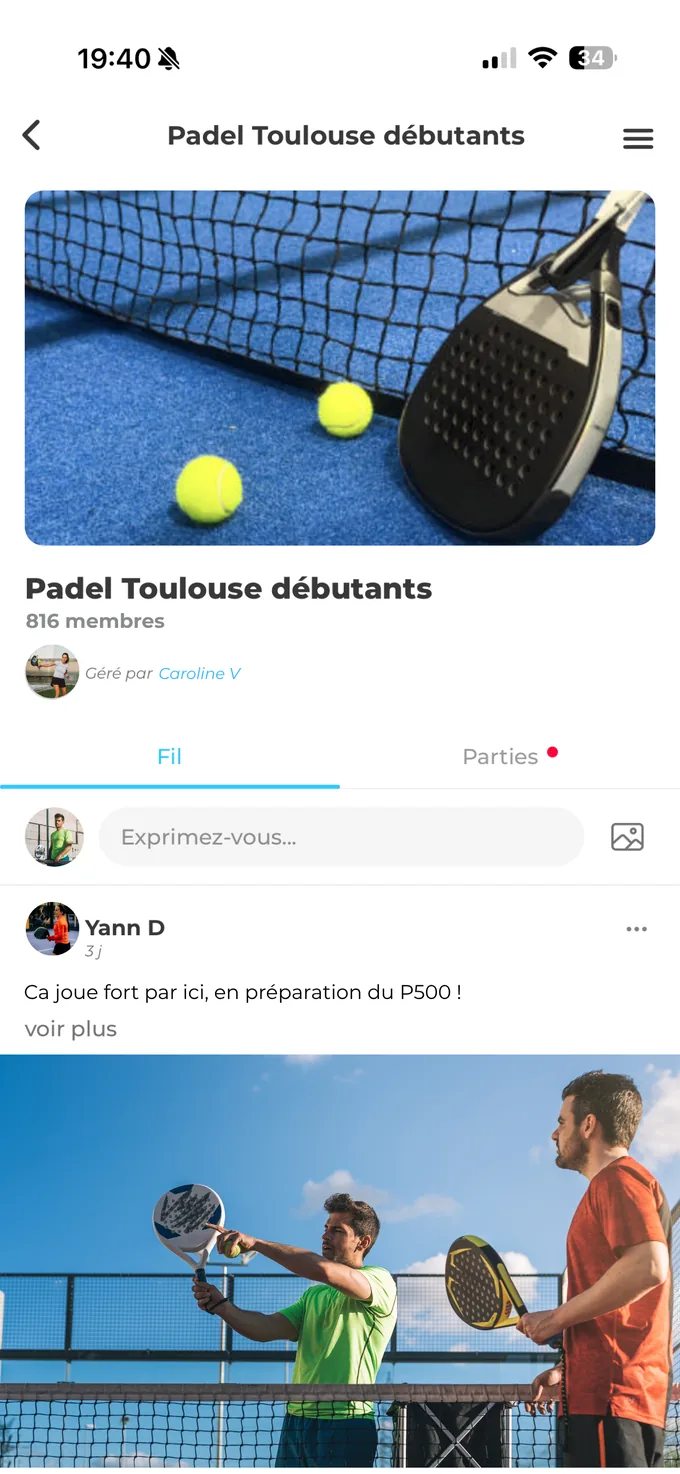 Application Wiinup : fil d'un groupe de joueurs de padel avec ses publications et ses parties