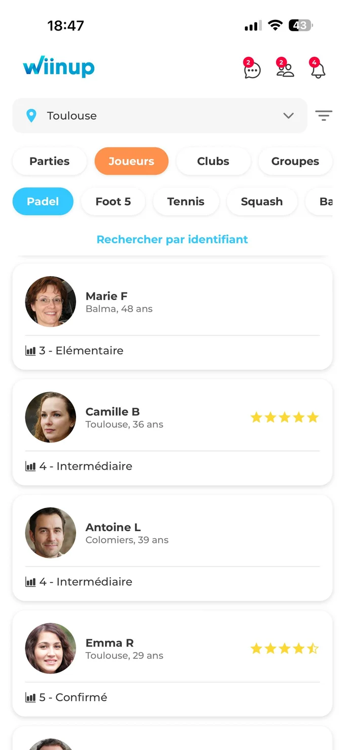 Application Wiinup : recherche de joueurs de padel autour de Toulouse, avec leur niveau, leur ville et leur note