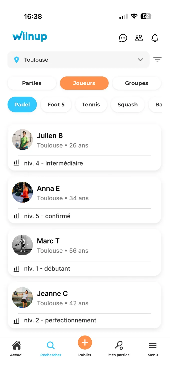 Application Wiinup : recherche de joueurs de padel avec niveau et ville