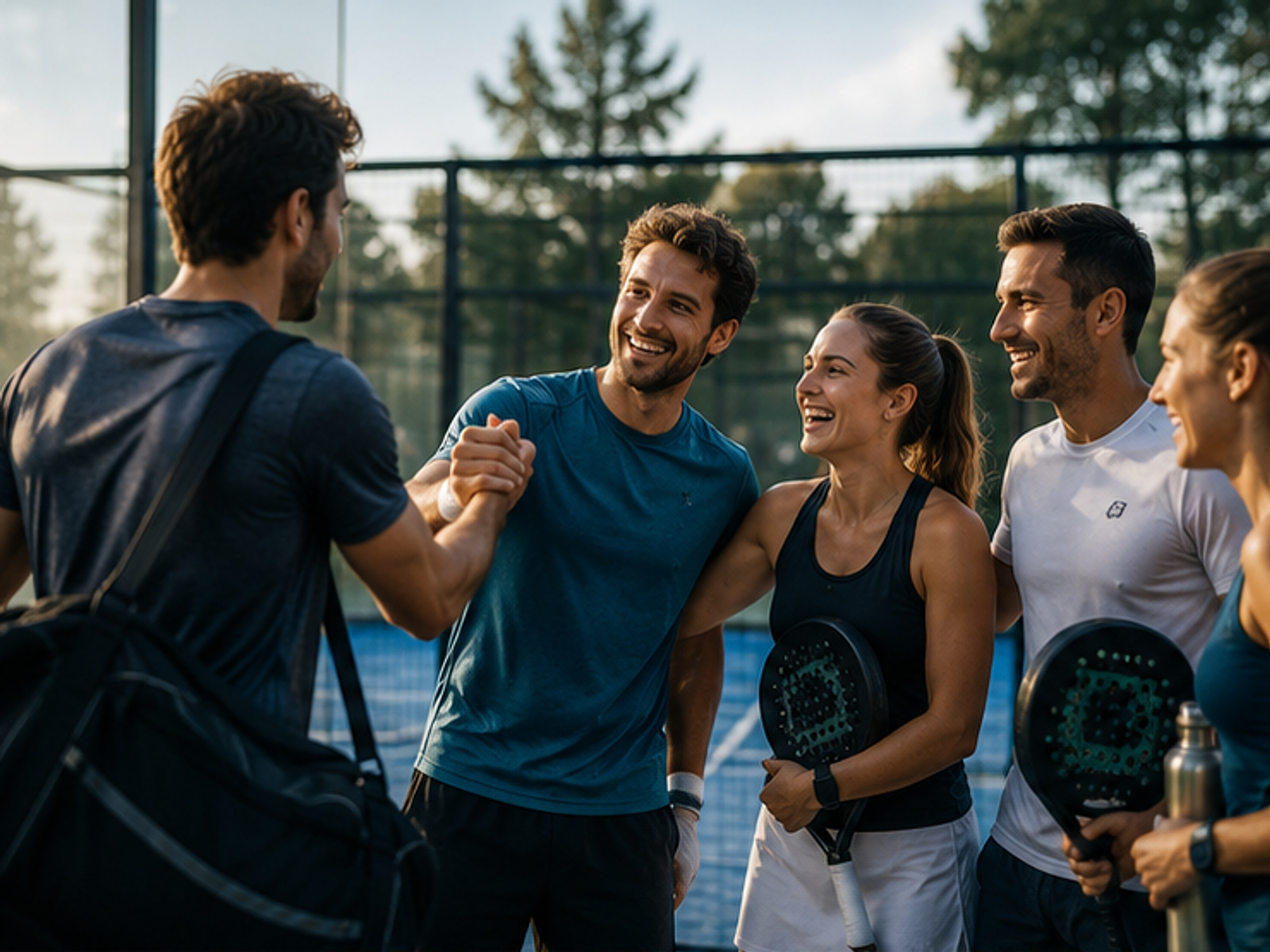 Un groupe de joueurs de padel accueille un nouveau partenaire au bord du terrain.